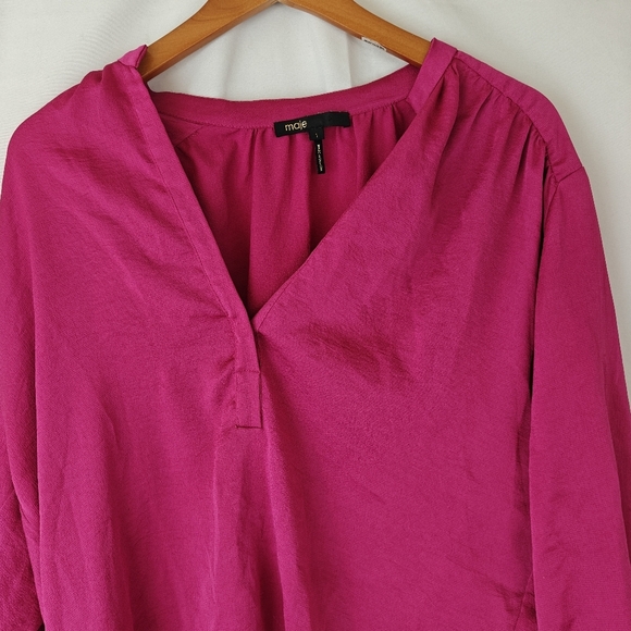 Maje Plunge Neckline Satin Long Sleeve Blouse In Magenta Size Small - Picture 5 of 12